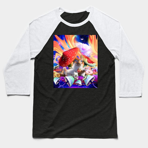 Trippy Psychedelic Kitty Cat Funny Mushroom Kitten Baseball T-Shirt by Random Galaxy